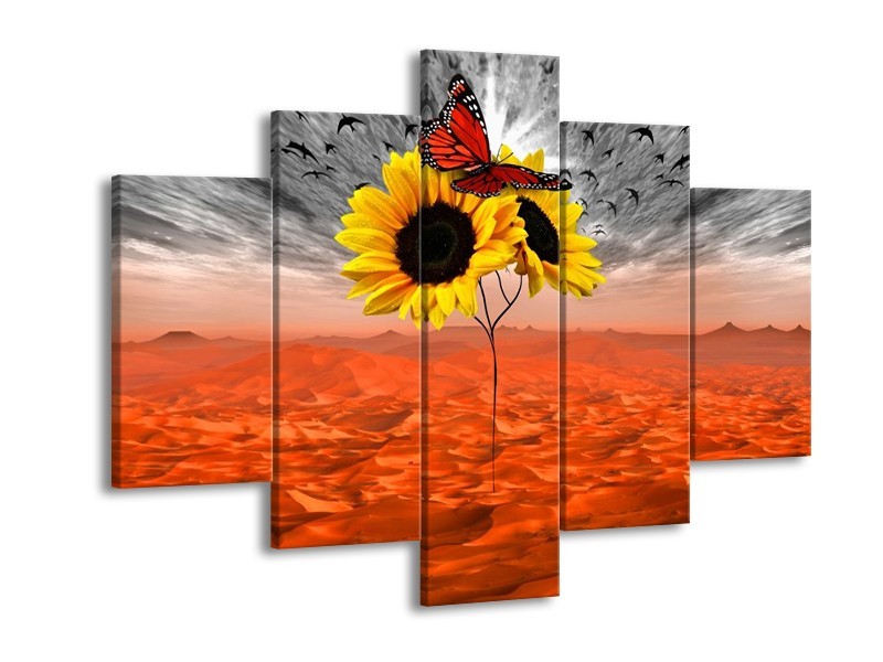 Canvas schilderij Zonnebloem | Oranje, Grijs, Geel | 150x105cm 5Luik