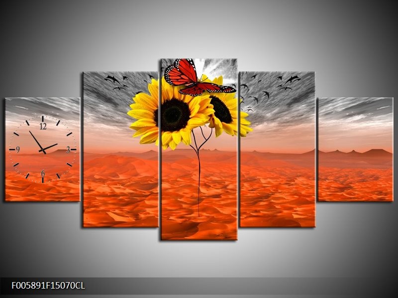 Klok schilderij Zonnebloem | Oranje, Grijs, Geel | 150x70cm 5Luik