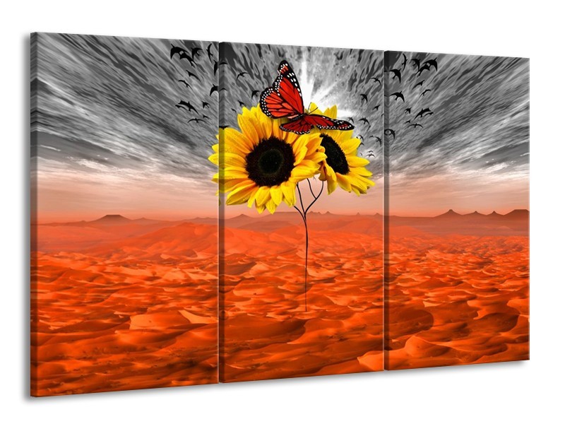Canvas schilderij Zonnebloem | Oranje, Grijs, Geel | 165x100cm 3Luik