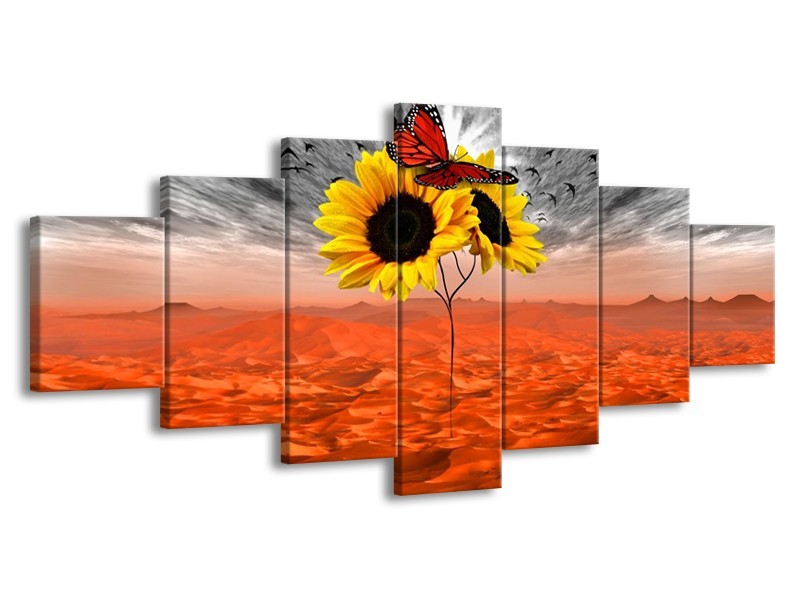 Canvas schilderij Zonnebloem | Oranje, Grijs, Geel | 210x100cm 7Luik