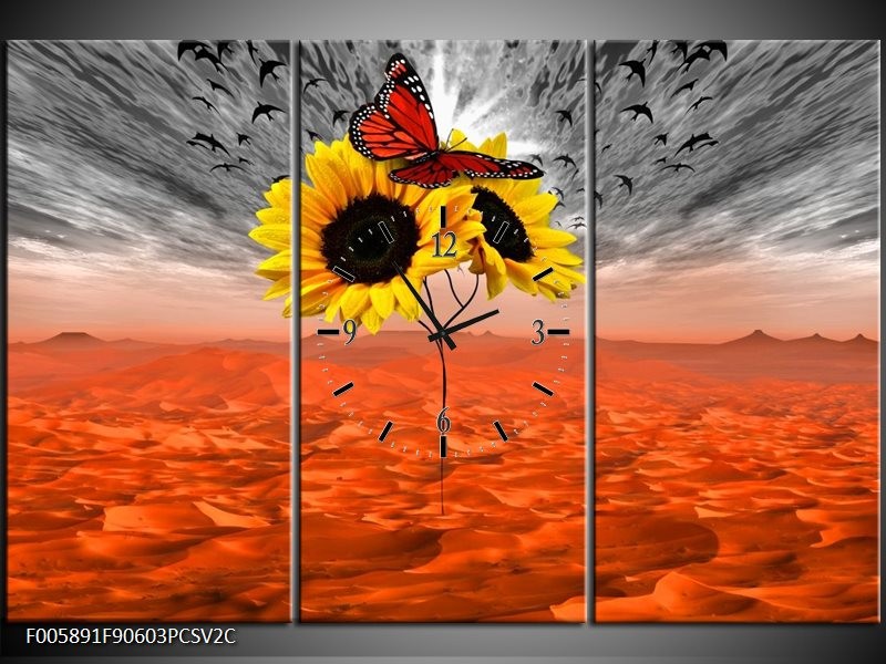 Klok schilderij Zonnebloem | Oranje, Grijs, Geel | 90x60cm 3Luik