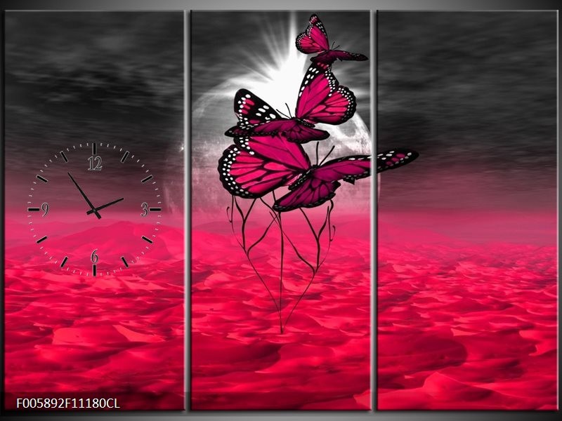 Klok schilderij Vlinder | Roze, Paars, Grijs | 111x80cm 3Luik