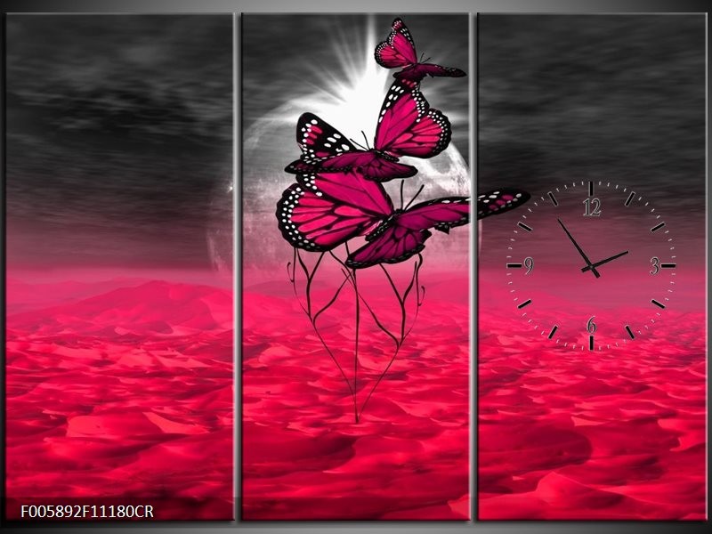 Klok schilderij Vlinder | Roze, Paars, Grijs | 111x80cm 3Luik