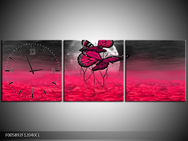 Klok schilderij Vlinder | Roze, Paars, Grijs | 120x40cm 3Luik