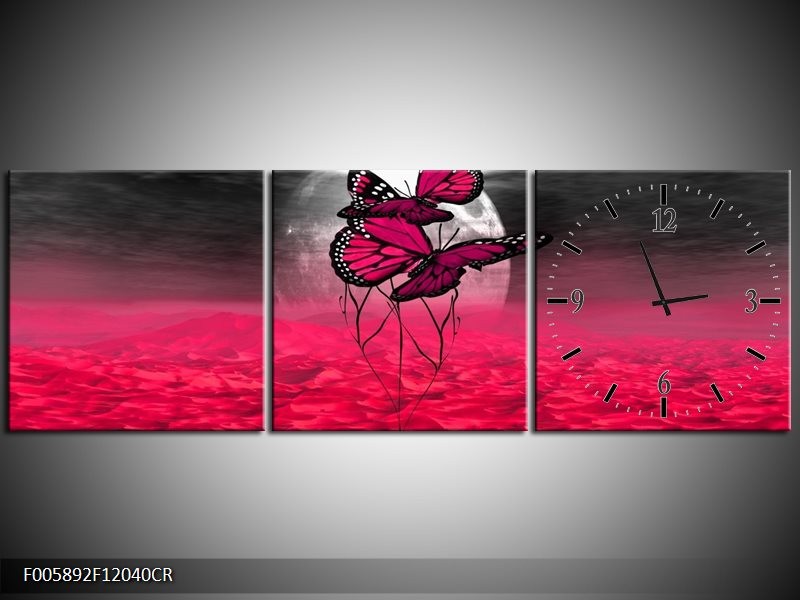 Klok schilderij Vlinder | Roze, Paars, Grijs | 120x40cm 3Luik