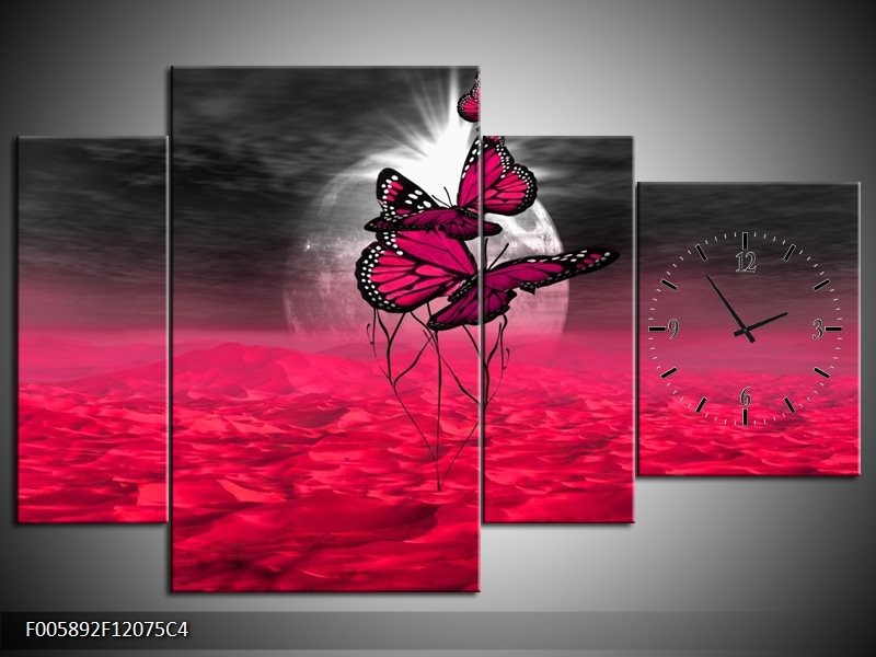 Klok schilderij Vlinder | Roze, Paars, Grijs | 120x75cm 4Luik