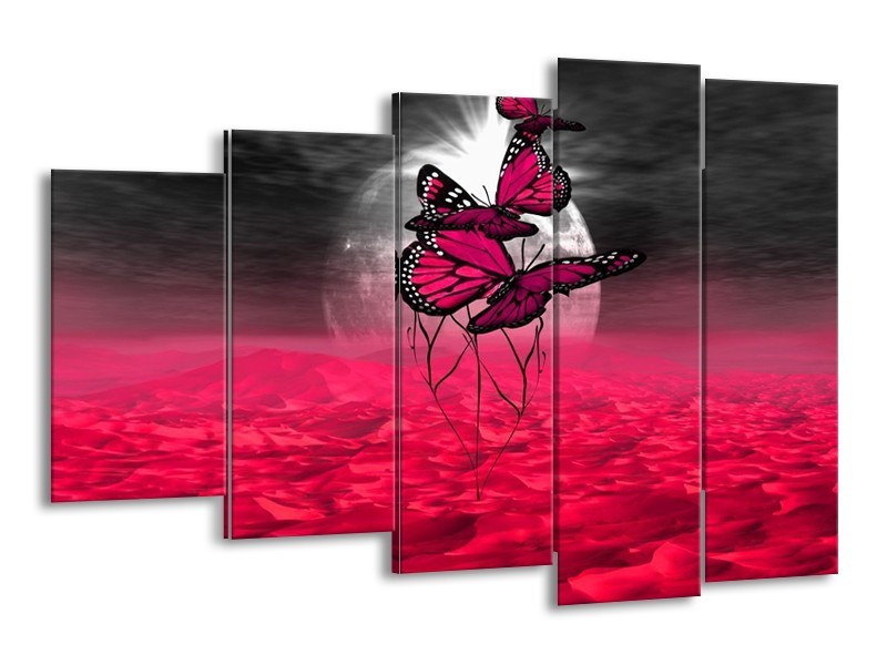 Canvas schilderij Vlinder | Roze, Paars, Grijs | 150x100cm 5Luik