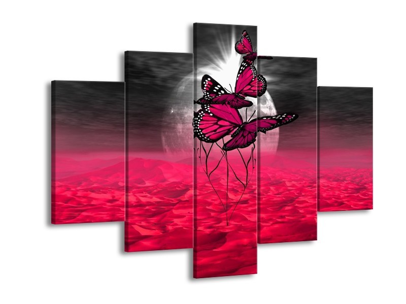 Canvas schilderij Vlinder | Roze, Paars, Grijs | 150x105cm 5Luik