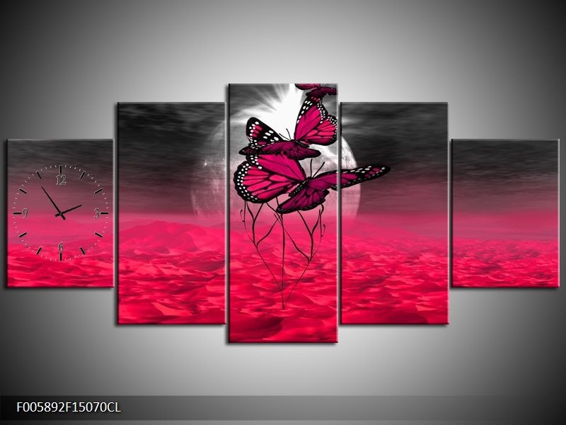 Klok schilderij Vlinder | Roze, Paars, Grijs | 150x70cm 5Luik