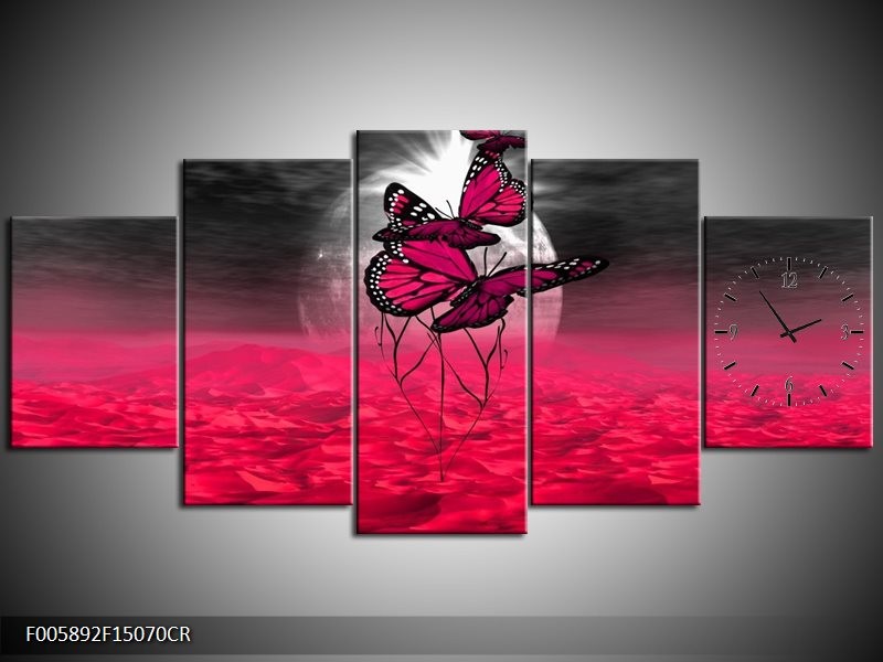 Klok schilderij Vlinder | Roze, Paars, Grijs | 150x70cm 5Luik