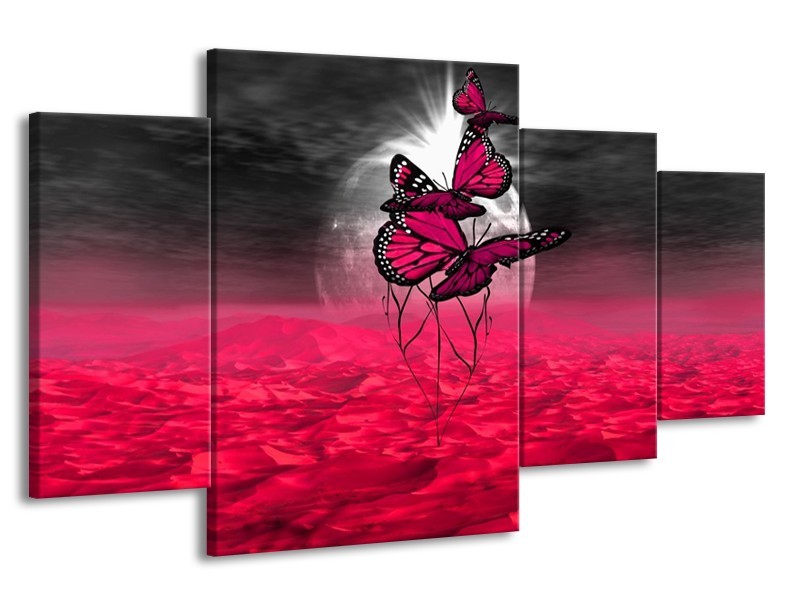 Canvas schilderij Vlinder | Roze, Paars, Grijs | 160x90cm 4Luik
