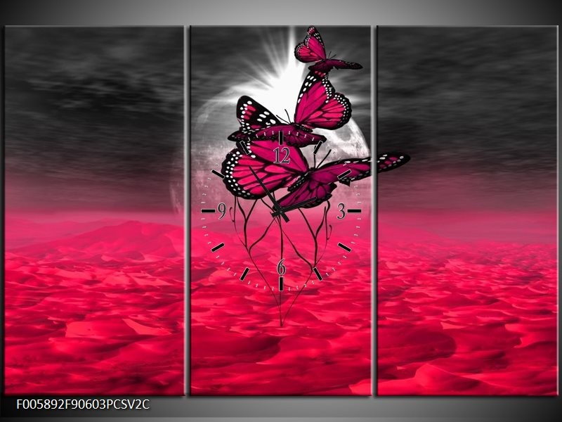 Klok schilderij Vlinder | Roze, Paars, Grijs | 90x60cm 3Luik