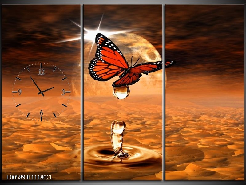 Klok schilderij Vlinder | Bruin, Goud | 111x80cm 3Luik