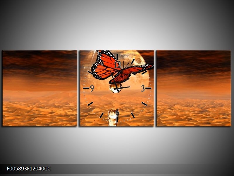Klok schilderij Vlinder | Bruin, Goud | 120x40cm 3Luik