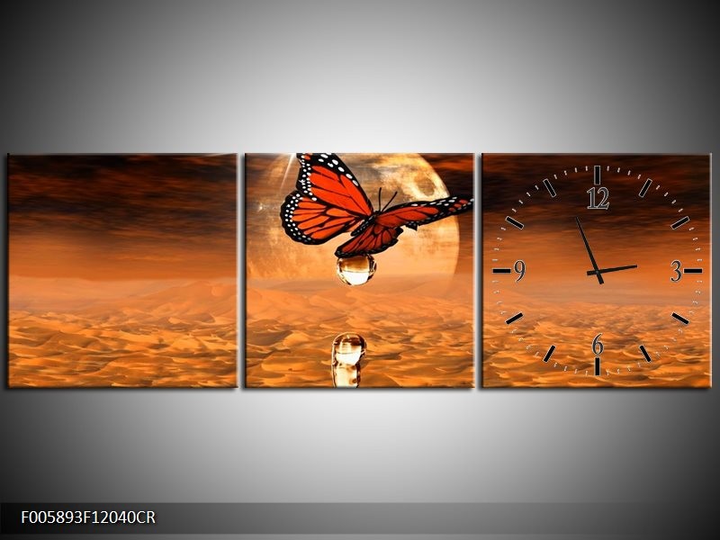 Klok schilderij Vlinder | Bruin, Goud | 120x40cm 3Luik
