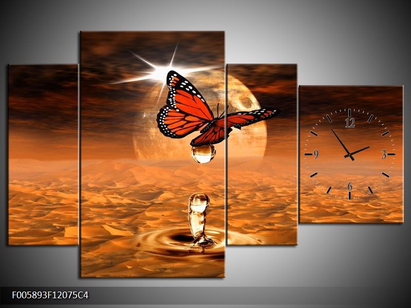 Klok schilderij Vlinder | Bruin, Goud | 120x75cm 4Luik