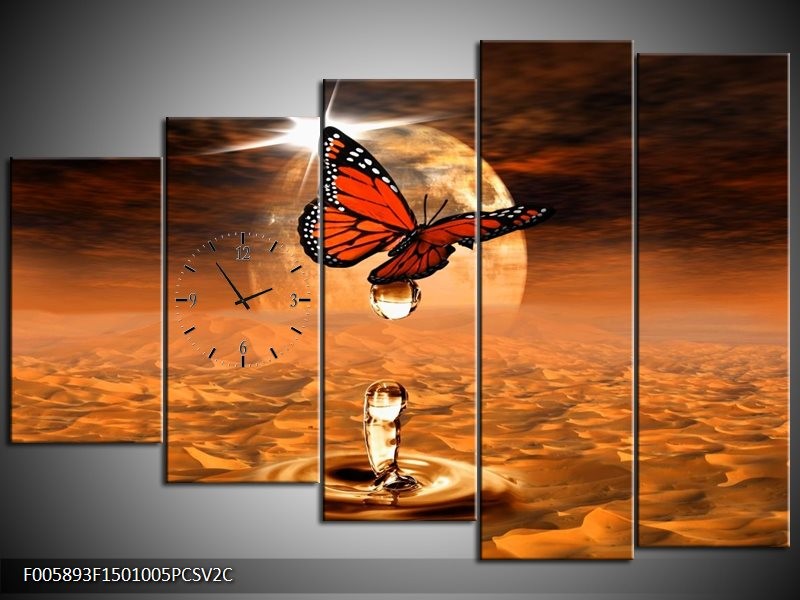 Klok schilderij Vlinder | Bruin, Goud | 150x100cm 5Luik