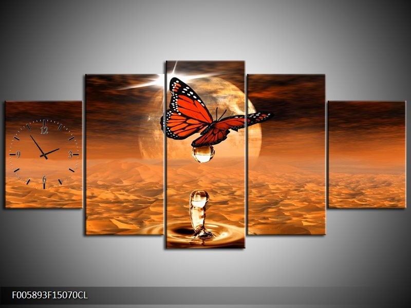 Klok schilderij Vlinder | Bruin, Goud | 150x70cm 5Luik
