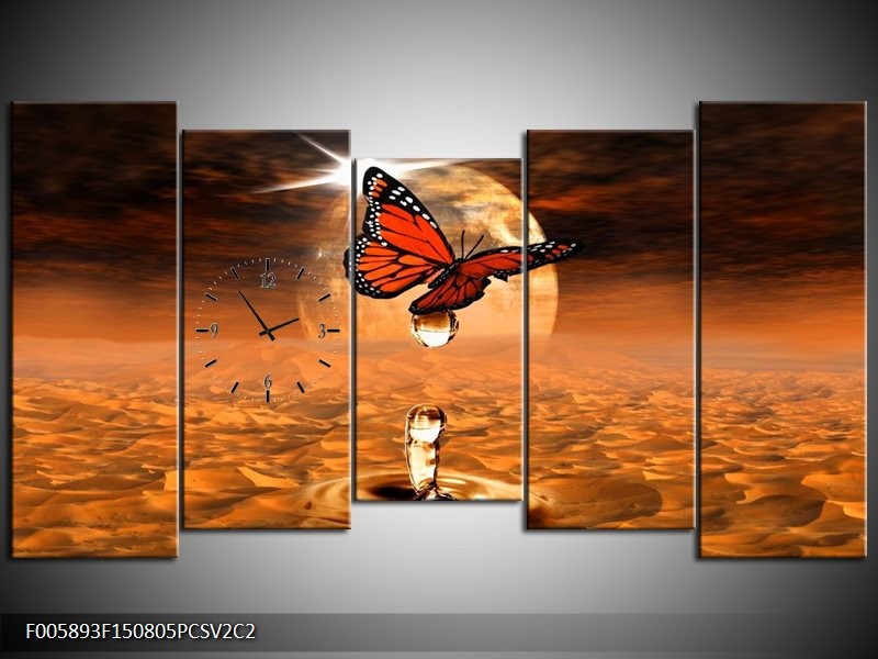 Klok schilderij Vlinder | Bruin, Goud | 150x80cm 5Luik