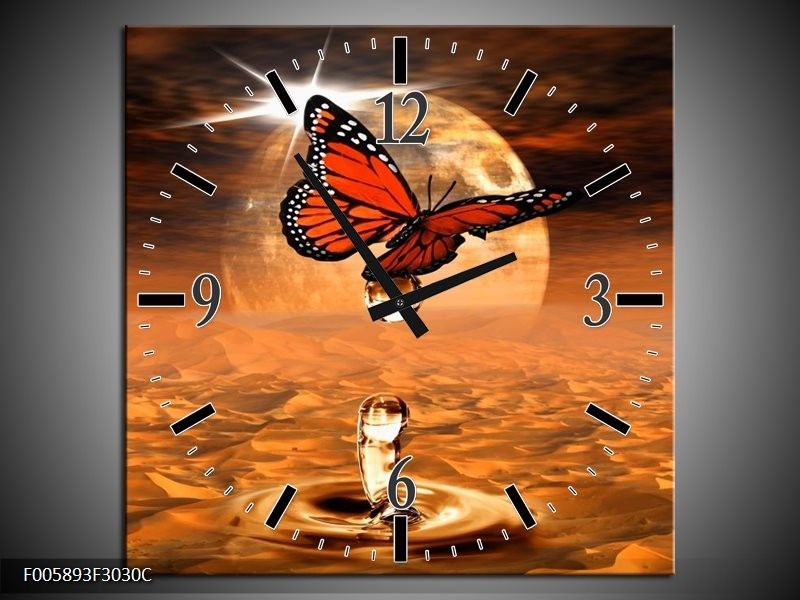 Klok schilderij Vlinder | Bruin, Goud | 30x30cm 1Luik