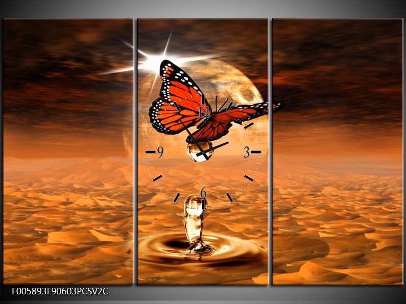 Klok schilderij Vlinder | Bruin, Goud | 90x60cm 3Luik
