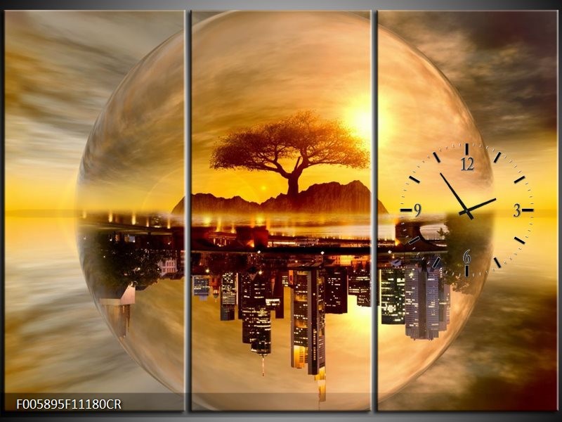 Klok schilderij Wolkenkrabber | Goud, Bruin | 111x80cm 3Luik