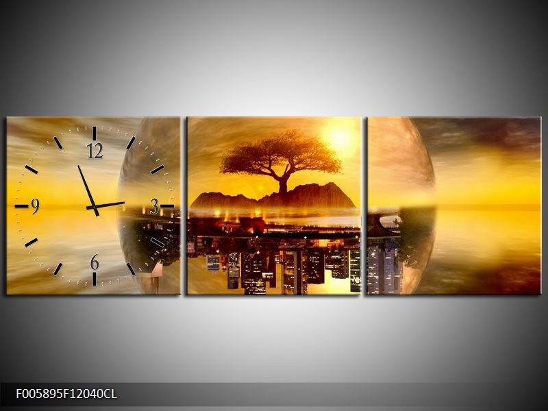 Klok schilderij Wolkenkrabber | Goud, Bruin | 120x40cm 3Luik