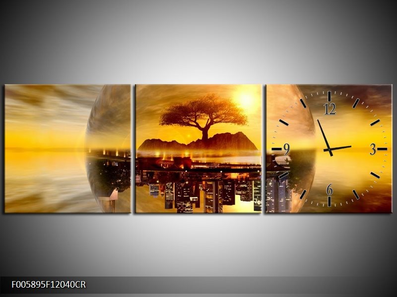 Klok schilderij Wolkenkrabber | Goud, Bruin | 120x40cm 3Luik