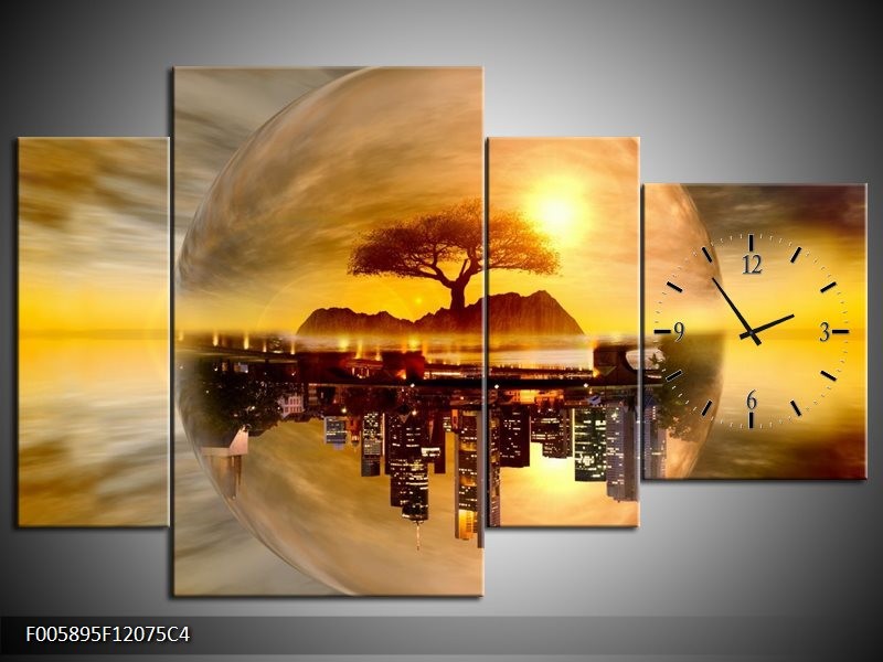 Klok schilderij Wolkenkrabber | Goud, Bruin | 120x75cm 4Luik