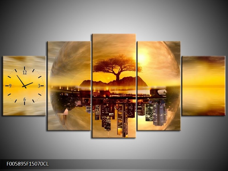 Klok schilderij Wolkenkrabber | Goud, Bruin | 150x70cm 5Luik