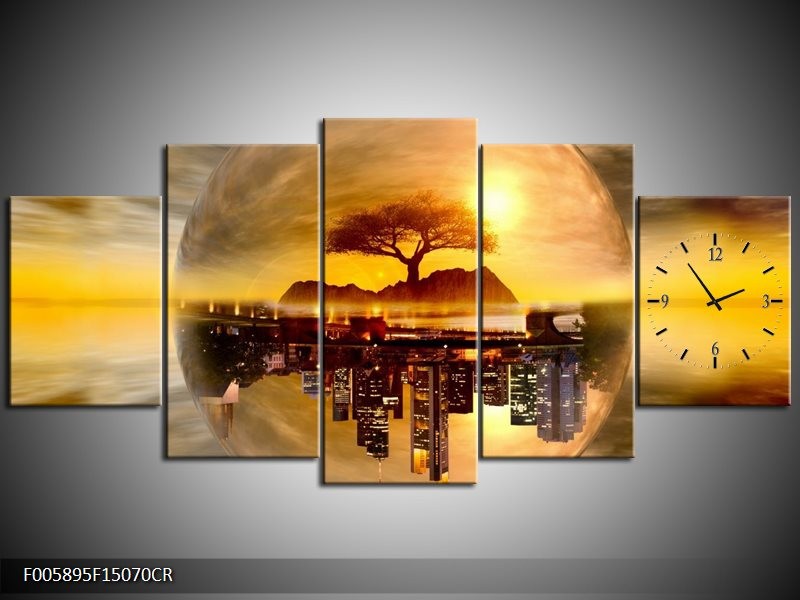Klok schilderij Wolkenkrabber | Goud, Bruin | 150x70cm 5Luik