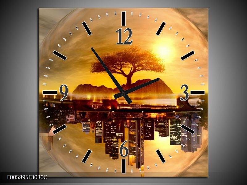 Klok schilderij Wolkenkrabber | Goud, Bruin | 30x30cm 1Luik