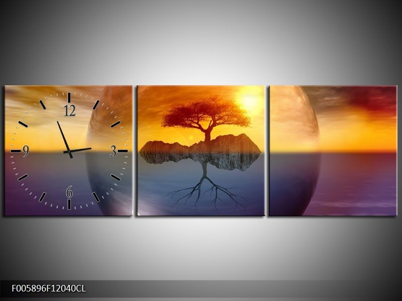 Klok schilderij Boom | Bruin, Goud, Grijs | 120x40cm 3Luik