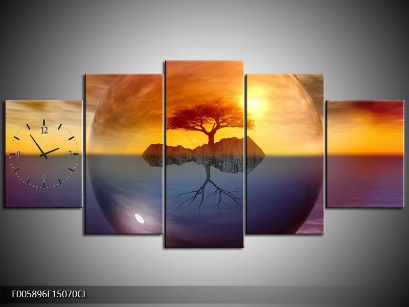 Klok schilderij Boom | Bruin, Goud, Grijs | 150x70cm 5Luik