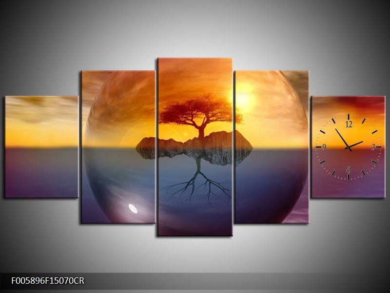 Klok schilderij Boom | Bruin, Goud, Grijs | 150x70cm 5Luik