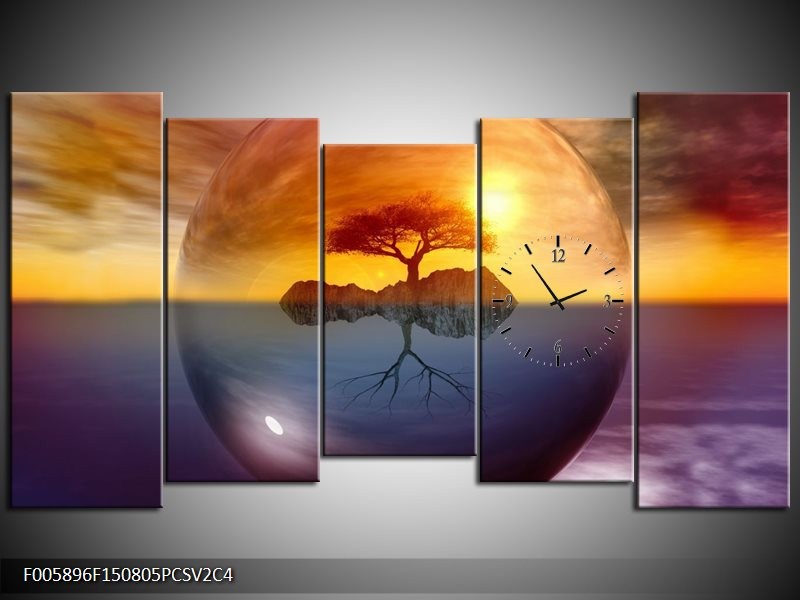 Klok schilderij Boom | Bruin, Goud, Grijs | 150x80cm 5Luik