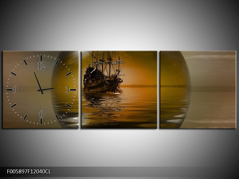 Klok schilderij Boot | Bruin, Grijs | 120x40cm 3Luik