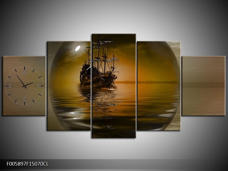 Klok schilderij Boot | Bruin, Grijs | 150x70cm 5Luik