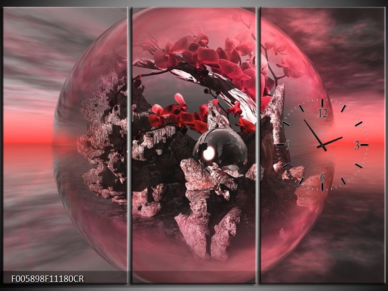 Klok schilderij Orchidee | Rood, Grijs | 111x80cm 3Luik