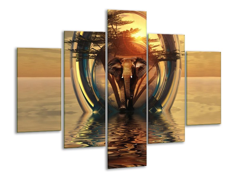 Glas schilderij Olifant | Goud, Bruin | 100x70cm 5Luik