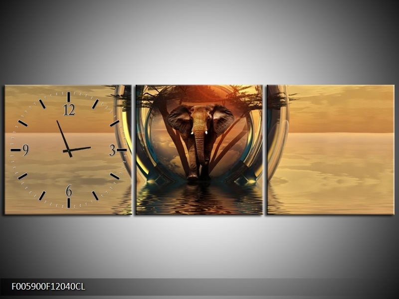 Klok schilderij Olifant | Goud, Bruin | 120x40cm 3Luik
