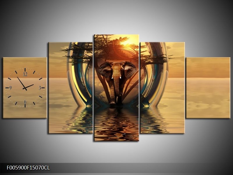 Klok schilderij Olifant | Goud, Bruin | 150x70cm 5Luik