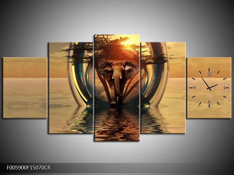 Klok schilderij Olifant | Goud, Bruin | 150x70cm 5Luik