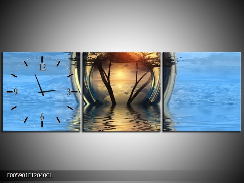 Klok schilderij Boom | Blauw, Geel | 120x40cm 3Luik