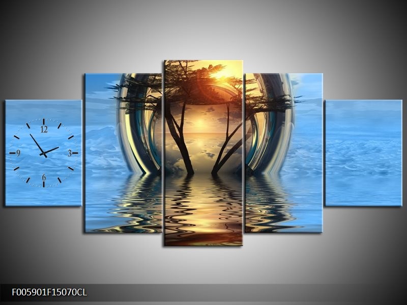 Klok schilderij Boom | Blauw, Geel | 150x70cm 5Luik