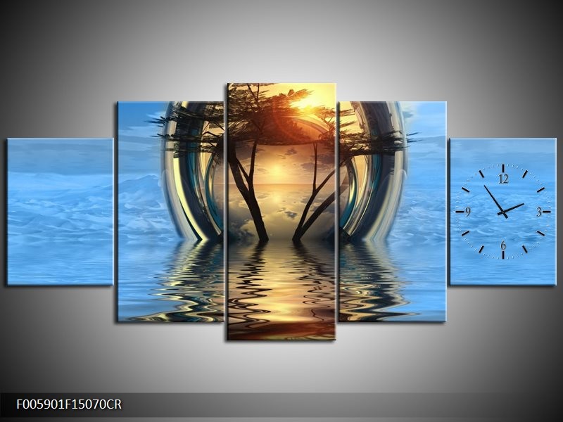 Klok schilderij Boom | Blauw, Geel | 150x70cm 5Luik