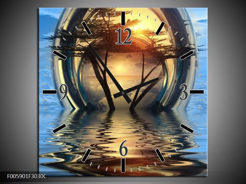 Klok schilderij Boom | Blauw, Geel | 30x30cm 1Luik