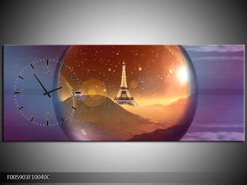 Klok schilderij Eiffeltoren | Paars, Goud, Bruin | 100x40cm 1Luik