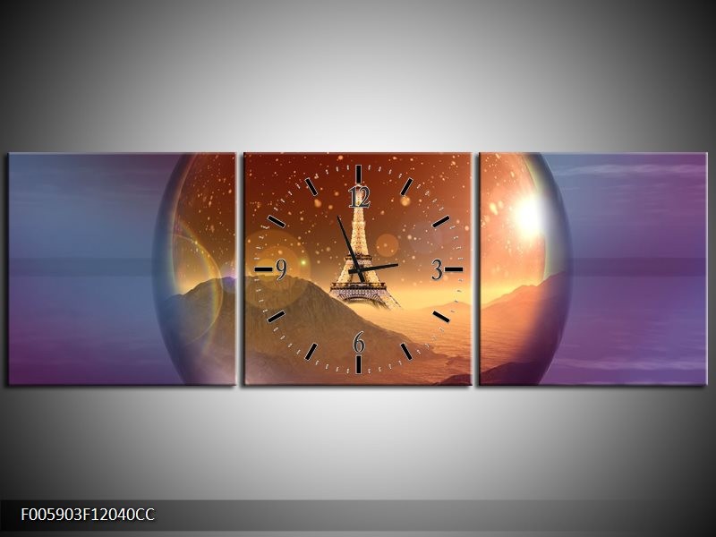 Klok schilderij Eiffeltoren | Paars, Goud, Bruin | 120x40cm 3Luik