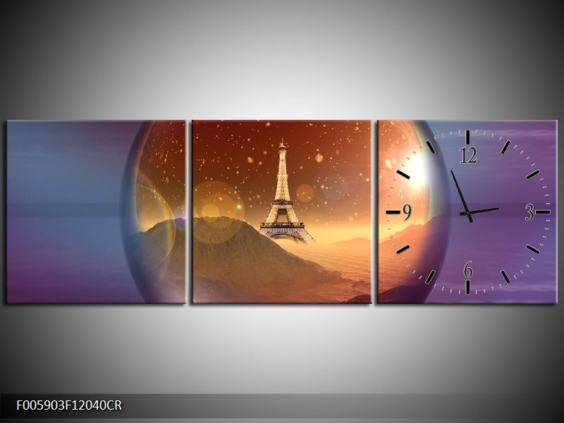 Klok schilderij Eiffeltoren | Paars, Goud, Bruin | 120x40cm 3Luik